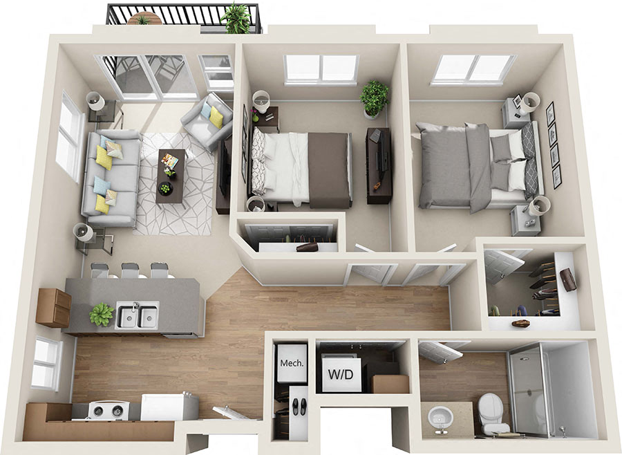 Floor plan for 2 beds, 1 bath, 822 sqft